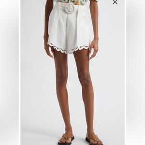 New Farm Rio Ruchelieu Embroidered Scalloped Linen Blend Shorts